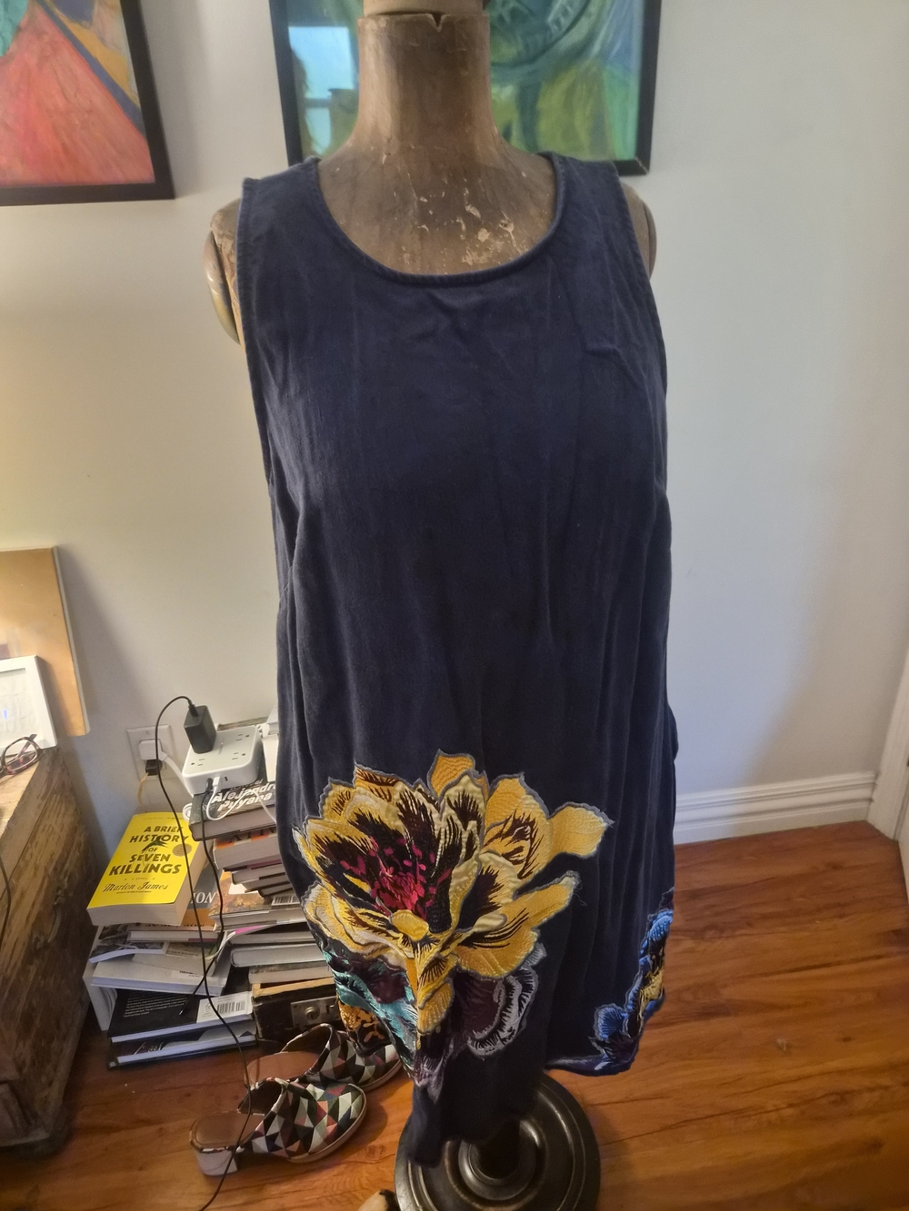 Anthropologie Navy Tank Dress with Yellow & Pink Floral Appliqué